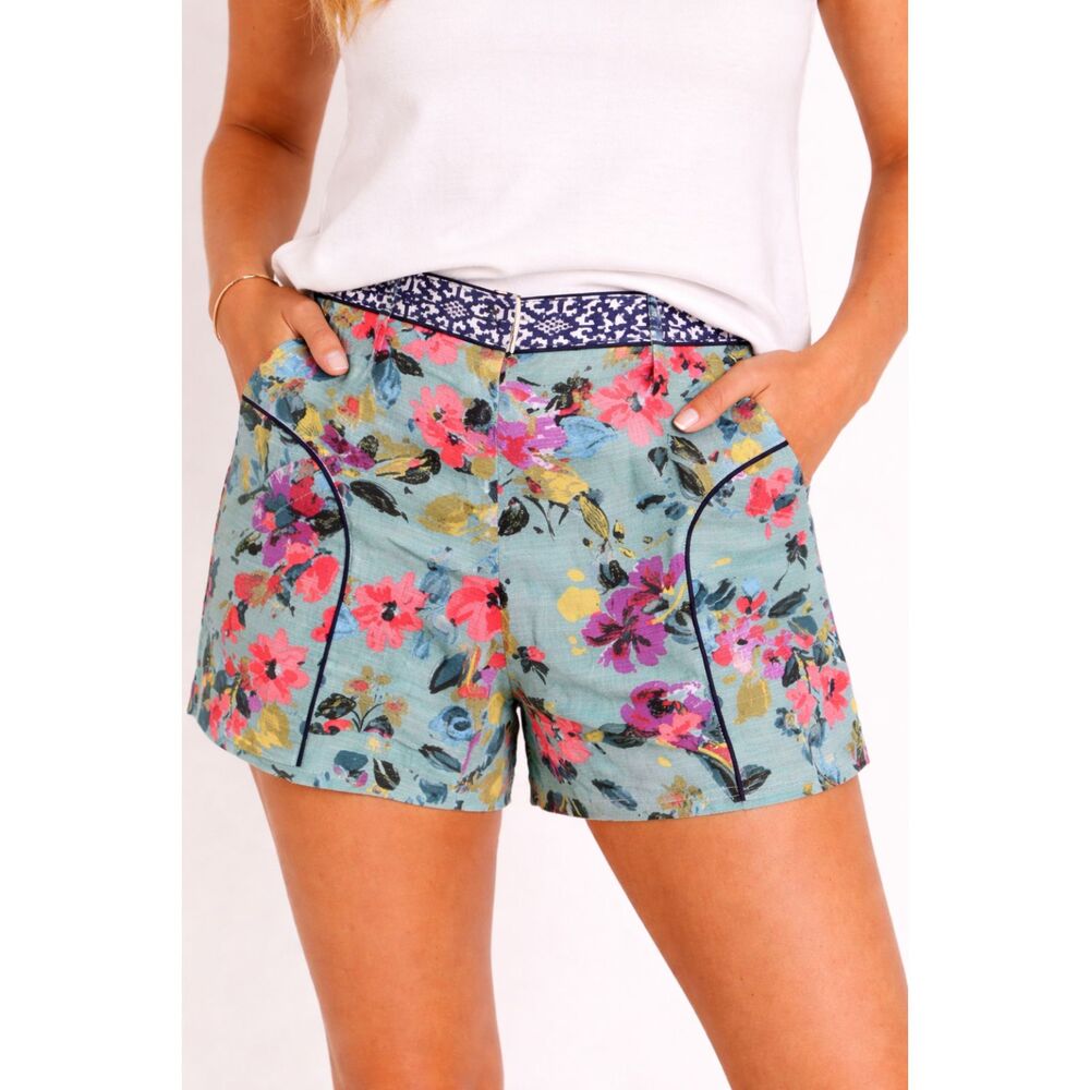 Cartonnier Skyflower Floral Shorts Anthropologie High Rise Piped Waist Size 6